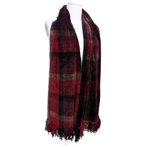 Vintage Chenille Plaid Scarf Red Black Fringe Trim Shawl Retro Preppy Cozy